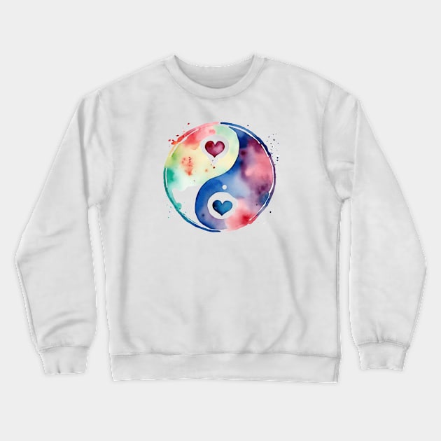 Yin And Yang Symbol With Hearts In Watercolor Crewneck Sweatshirt by SOS@ddicted